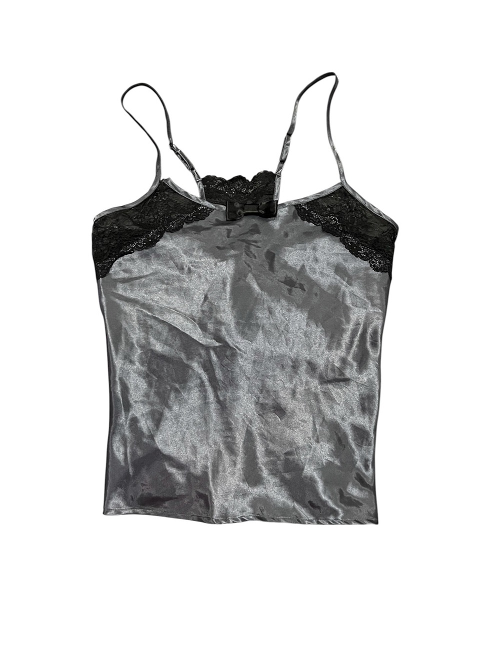 La Vie En Rose Grey Satin Cami Top With Lace And Bows Women’s Size XS Lingerie